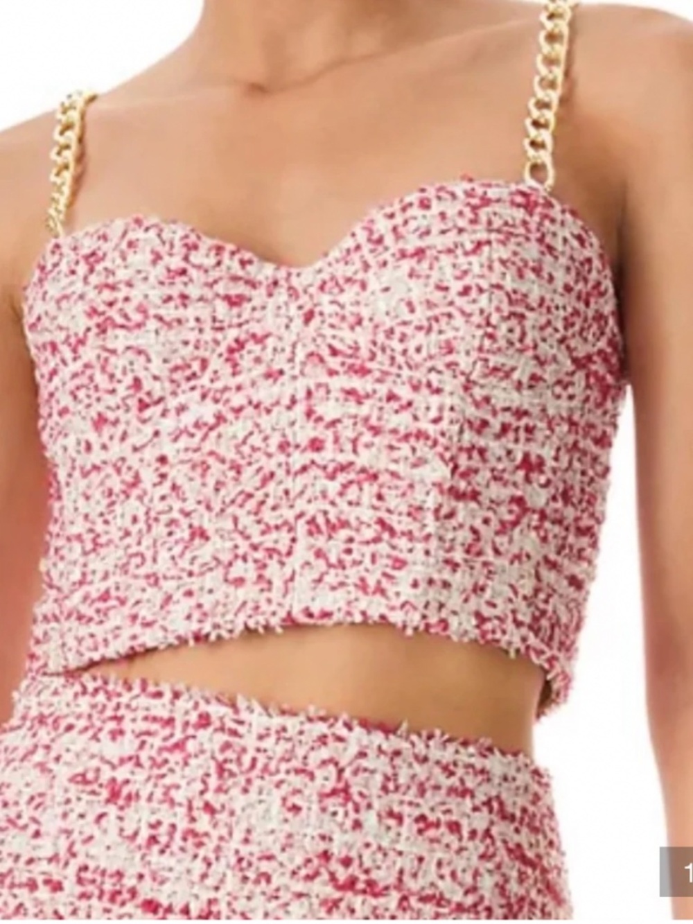 New Alice + Olivia White & Pink Tweed Crop Top Gold chain straps bustier top S 4
